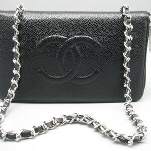 Vintage Chanel Black Caviar Leather Long Bag Wallet